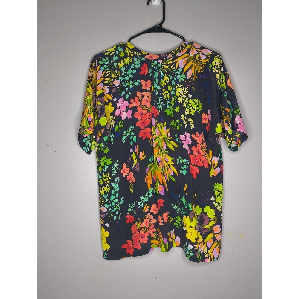 MEGAN PARK Luxury Silk Top Boho Floral Botanical Abstract Print Black Multi Sz 2